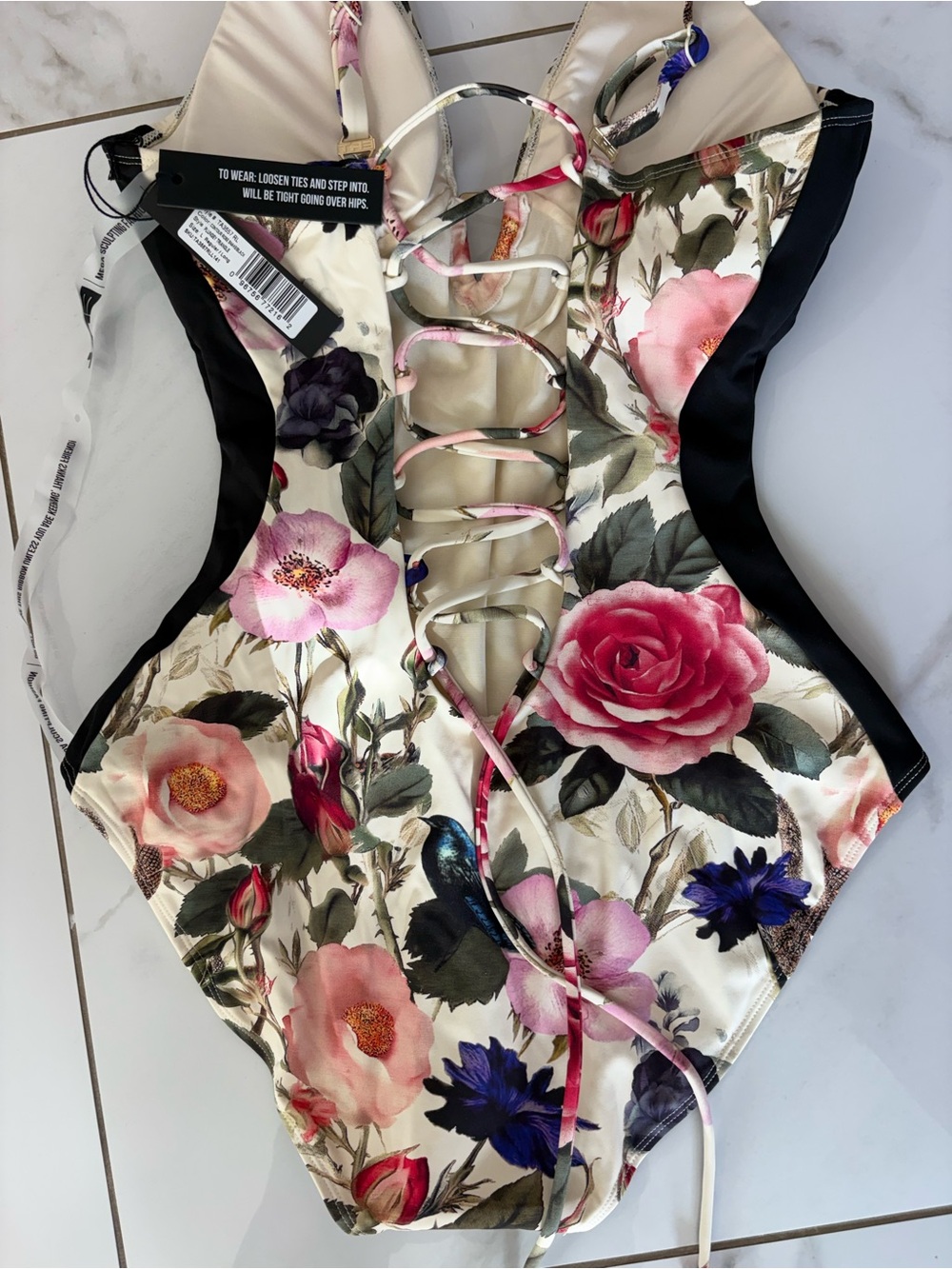 TA3 Plungey floral swimsuit shaping corset lace up back with rose bloom print - Picture 3 of 5